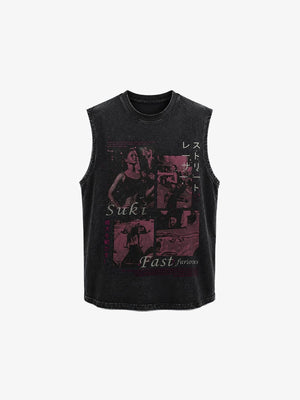Washed Black Photo Print Muscle Tee – Washed Black, front flat | XoKool