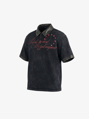 Washed Black Polo Shirt with Red Script Print – Washed Black, angle flat | XoKool