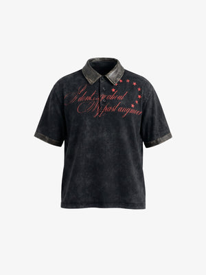 Washed Black Polo Shirt with Red Script Print – Washed Black, front flat | XoKool