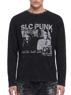 Washed Black Punk Longsleeve mit Fotocollage – am Model, Vorderseite | XoKool