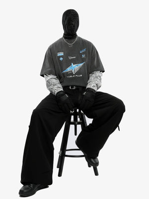 Washed Black Racing Star Layered Long Sleeve Tee – on model, seated | XoKool