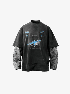 Camiseta de manga larga en capas con estrella racing en negro lavado – negro lavado, vista frontal | XoKool