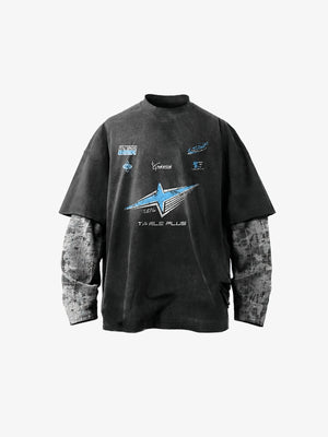 Washed Black Racing Star Layered Long Sleeve Tee – Washed Black, front view | XoKool