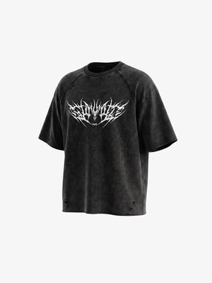 Washed Black Raglan Tee with Spiky Metal Lettering – front 3/4 view | XoKool