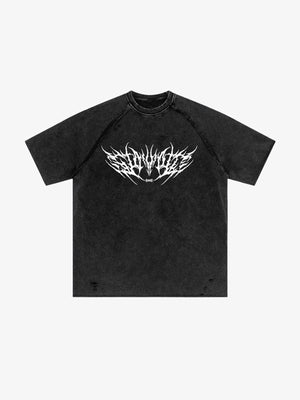 Washed Black Raglan Tee with Spiky Metal Lettering – front flat view | XoKool