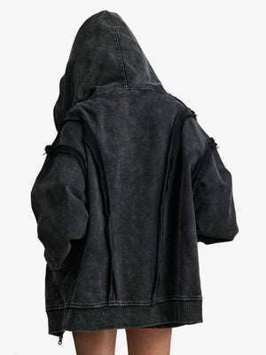 Raw edge zip up hoodie – On model, back, hood up | XoKool