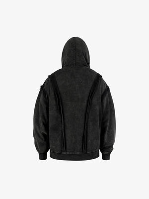 Washed Black Raw Edge Oversized Zip Up Hoodie – Washed black, back view | XoKool
