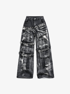 Washed Black Strap Jeans with Gothic Letter Print – Black, front flat | XoKool