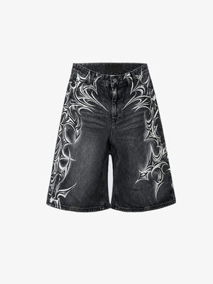 Washed Schwarze Jorts mit Tribal-Print – Vorderseite flach | XoKool