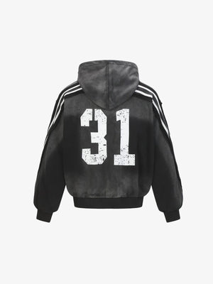 Washed Black Varsity Number Zip Up Hoodie – Black, back view with 31 | XoKool