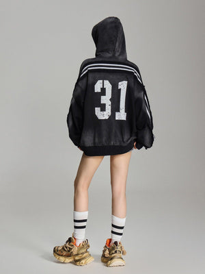 Varsity zip up hoodie – on model (woman), back | XoKool