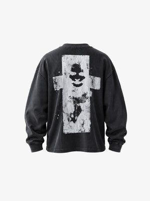 Washed Black Waffel Longsleeve mit abstraktem Print – Rückseite flach (Rückenprint) | XoKool