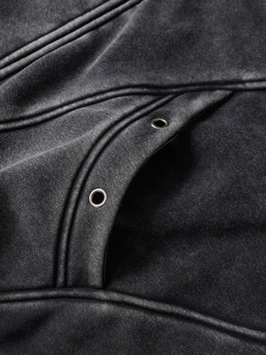 Washed Black Zip Hoodie with Eyelet Pockets – curved pocket with eyelets close-up | XoKool