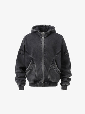 Washed Black Zip Hoodie with Eyelet Pockets – Washed Black, front view | XoKool