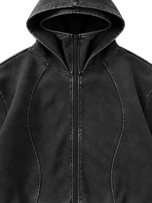 Washed Black Zip Up Hoodie with Funnel Neck – front seams and zip close-up | XoKool