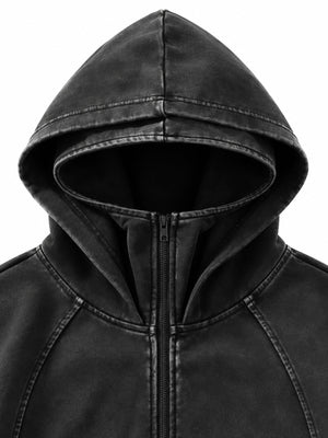 Washed Black Zip Up Hoodie with Funnel Neck – hood close-up | XoKool