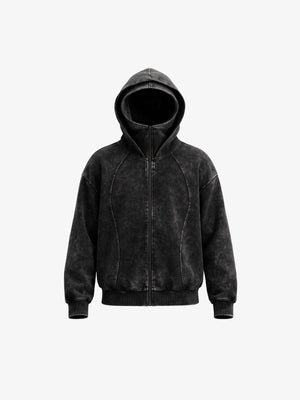 Washed Black Zip Up Hoodie with Funnel Neck – Washed black, front (3D render) | XoKool