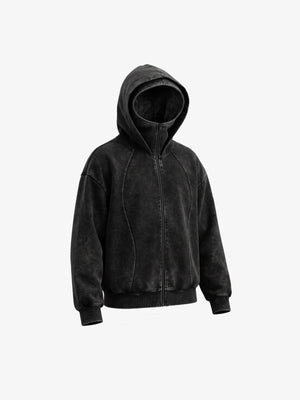 Washed Black Zip Up Hoodie with Funnel Neck – Washed black, three-quarter (3D render) | XoKool