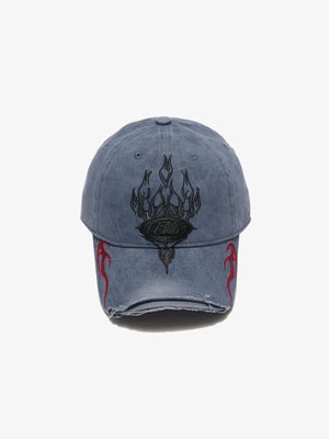 Washed Blaue Cap mit Flammen-Wappen-Stickerei – Vorderansicht | XoKool