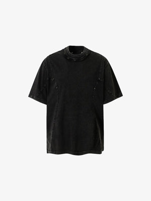 Washed Boxy Tee with Curved Panel Seams and Rivets – Washed Black, front | XoKool