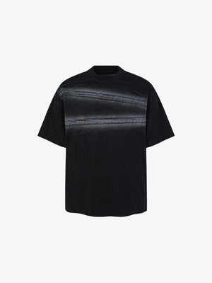 Washed Boxy Tee with Lace Stripe Print – Black, front flat | XoKool