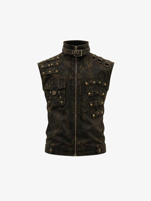 Chaleco punk marrón lavado con tachas y cuello con hebillas – marrón oscuro, vista frontal plana | XoKool