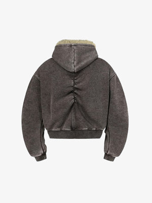 Hoodie zippé marron délavé avec capuche en fausse fourrure – Marron, vue de dos | XoKool