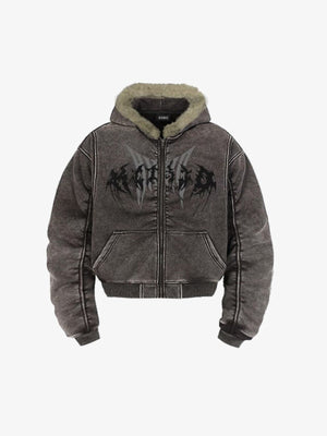 Hoodie zippé marron délavé avec capuche en fausse fourrure – Marron, vue de face | XoKool