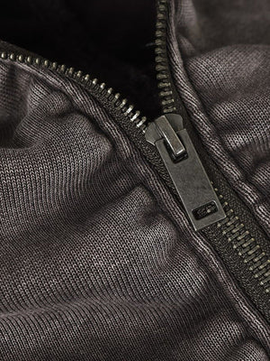 Hoodie zippé marron délavé avec capuche en fausse fourrure – gros plan sur la fermeture et la doublure | XoKool