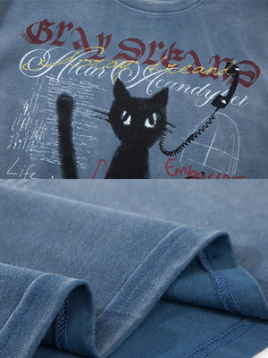 Cat graphic tee – Blue, print and hem close-up | XoKool