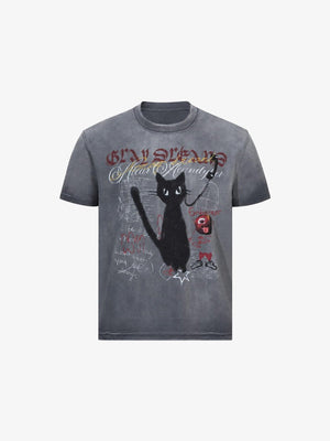 Washed Cat T Shirt with Red Apple Print – Dark Grey, front flat | XoKool