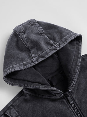 Washed Charcoal Boxy Armor Panel Zip Up Hoodie – hood and zip close-up | XoKool