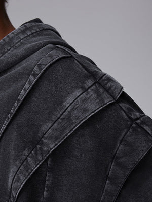 Washed Charcoal Boxy Armor Panel Zip Up Hoodie – shoulder panel close-up | XoKool