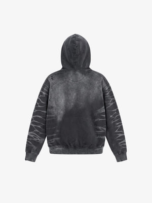 Hoodie roto en gris carbón con efecto lavado y mangas de rayas de tigre – vista trasera | XoKool