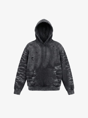 Hoodie roto en gris carbón con efecto lavado y mangas de rayas de tigre – Gris carbón, vista frontal | XoKool