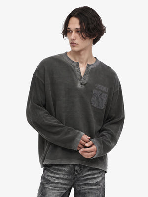 Washed Charcoal Waffle Knit Henley Top – on model, front | XoKool