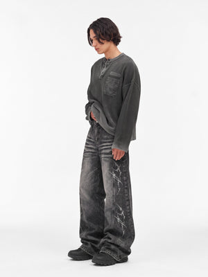 Washed Charcoal Waffle Knit Henley Top – on model, side full body | XoKool