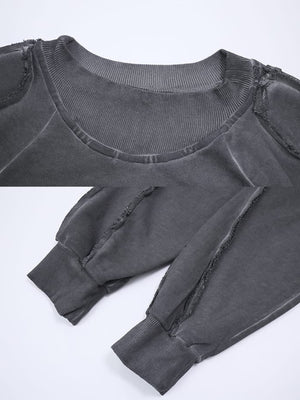 Washed crewneck sweatshirt – Dark Gray, neckline and cuff close-up | XoKool