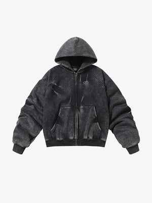 Hoodie corto con cierre y mangas fruncidas, efecto lavado – negro lavado, frente en plano | XoKool