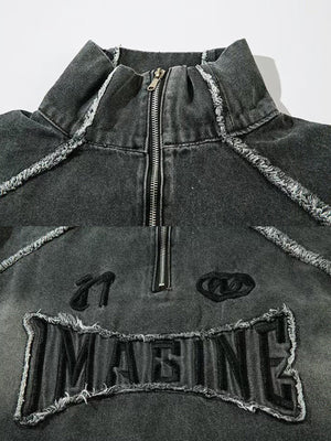 Denim half zip pullover – collar, zip and chest patch close-up | XoKool