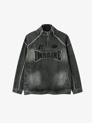 Washed Denim Half Zip Pullover Jacket – Washed Black, front view | XoKool