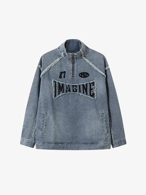 Washed Denim Half Zip Pullover Jacket – Washed Blue, front view | XoKool