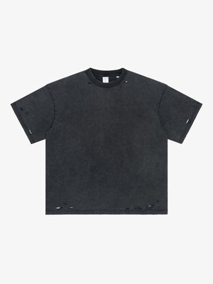 Washed Distressed Boxy Tee in Four Colors – Black, front flat | XoKool