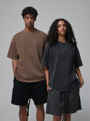 Washed Distressed Boxy Tee in Four Colors – on models, brown and black | XoKool