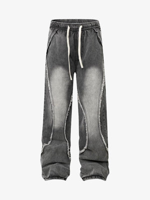 Raw Edge Drawstring Jeans in Black or Grey – Grey, front view | XoKool