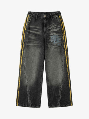 Washed Black Jeans with Yellow Side Stripes – Black, front flat | XoKool