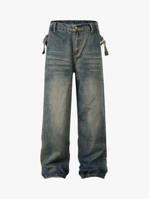 Relaxed Straight Jeans with Side Buckle Tabs – Vintage Blue, front view | XoKool