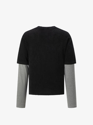 Washed Double Sleeve Shirt with Portrait Print – Black back flat lay | XoKool