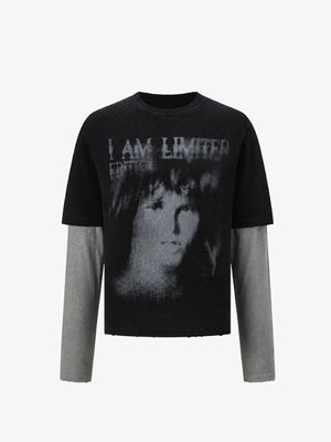 Washed Double Sleeve Shirt with Portrait Print – Black front flat lay | XoKool