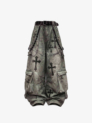 Washed Gothic Cargo Pants with Cross Print – Front flat | XoKool